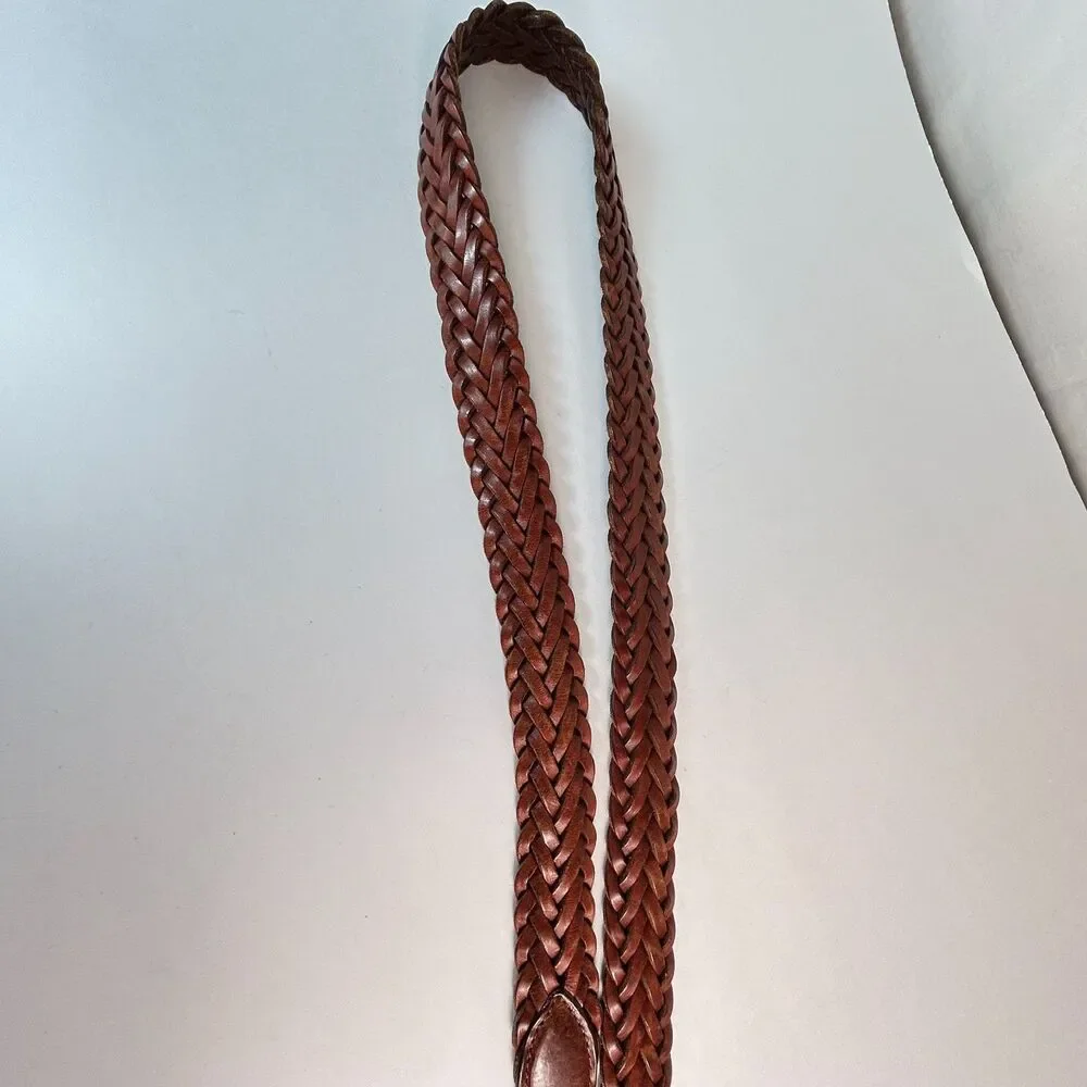 Men's Brown Leather Braided Woven Solid Brass Buckle Vintage Belt Size 38